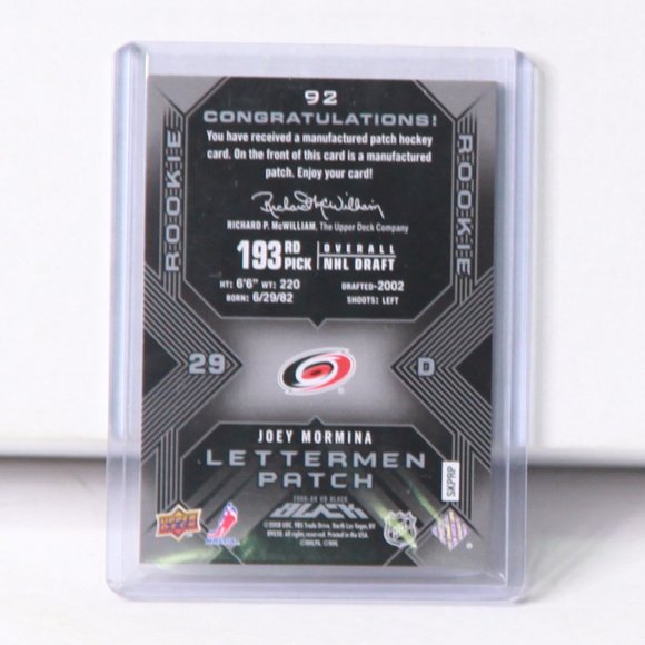 Joey Mormina UD Black Lettermen Patch Card 2008/09 Carolina Hurricanes 339/399 - Picture 2 of 2